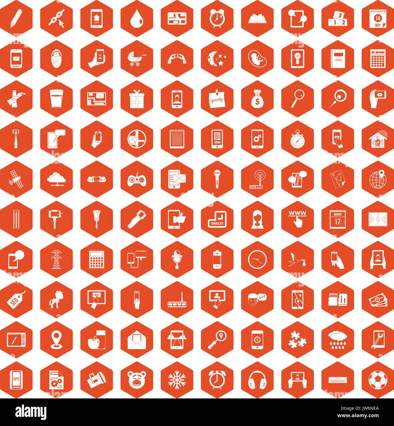 100 mobile app icons hexagon orange Stock Vector