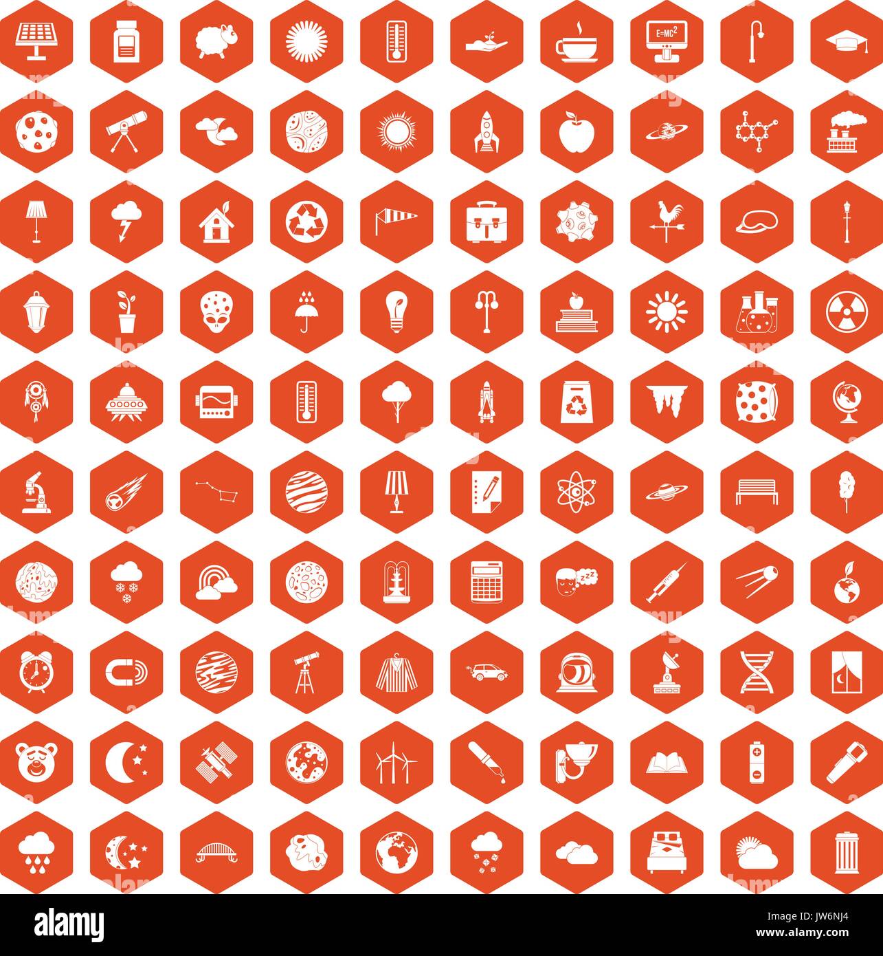 100 moon icons hexagon orange Stock Vector