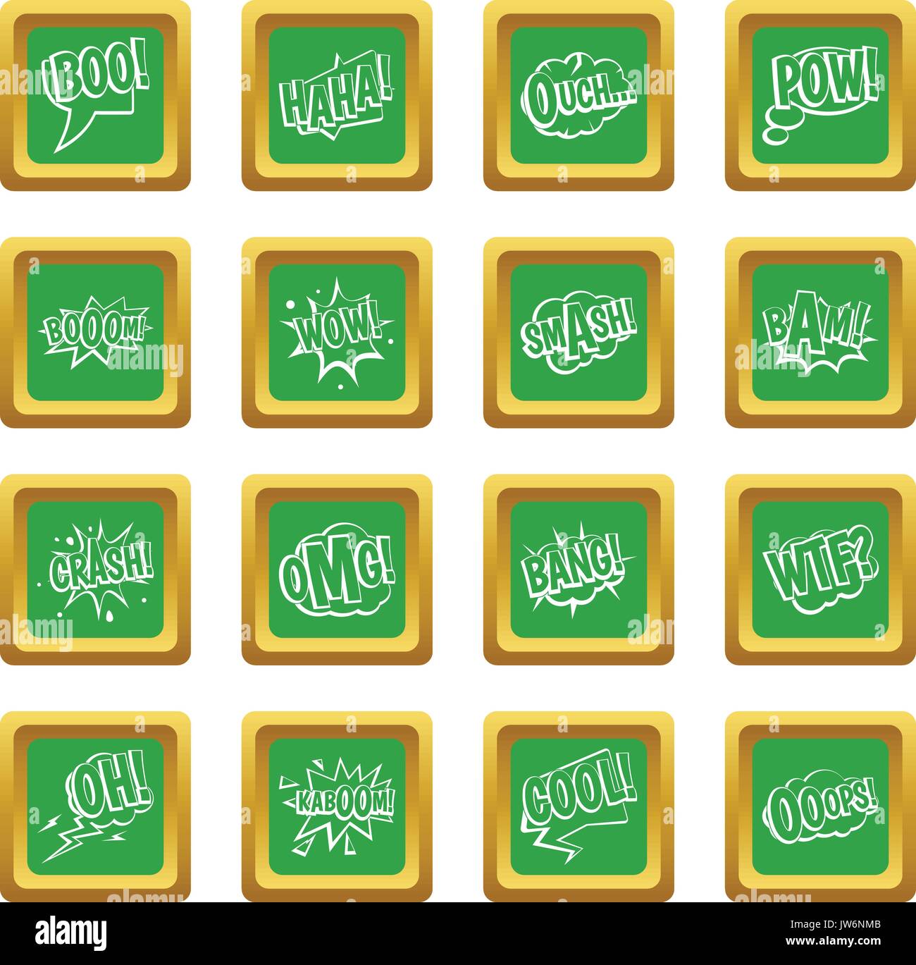 Comic colored sound icons set green Stock Vector