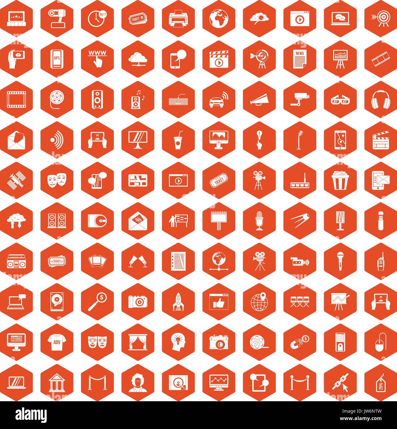 100 multimedia icons hexagon orange Stock Vector