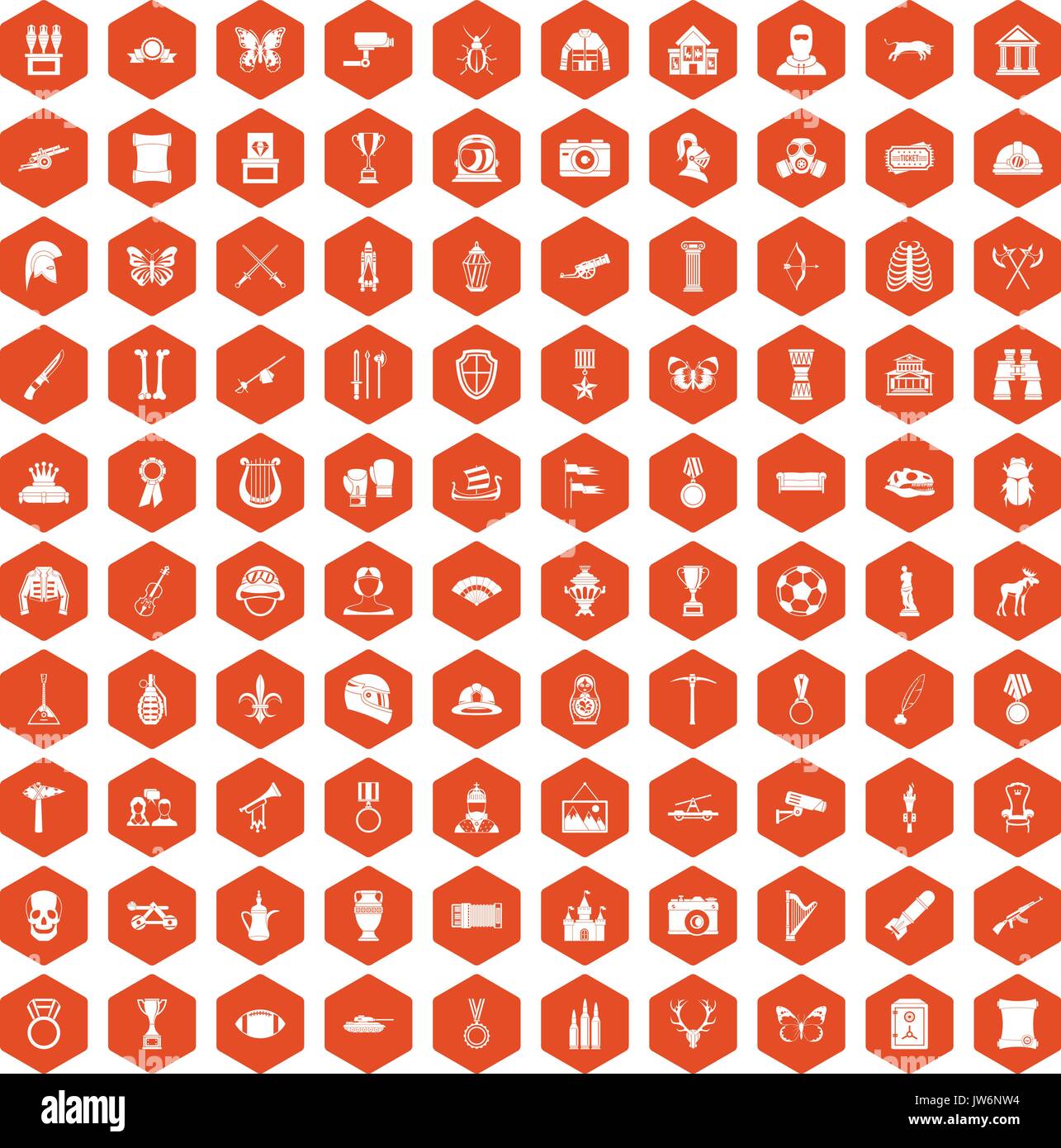 100 museum icons hexagon orange Stock Vector