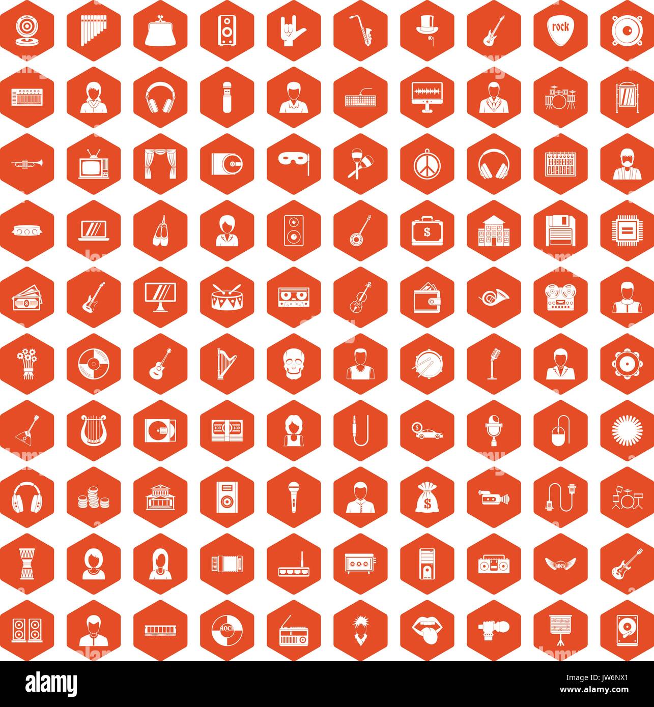 100 music icons hexagon orange Stock Vector