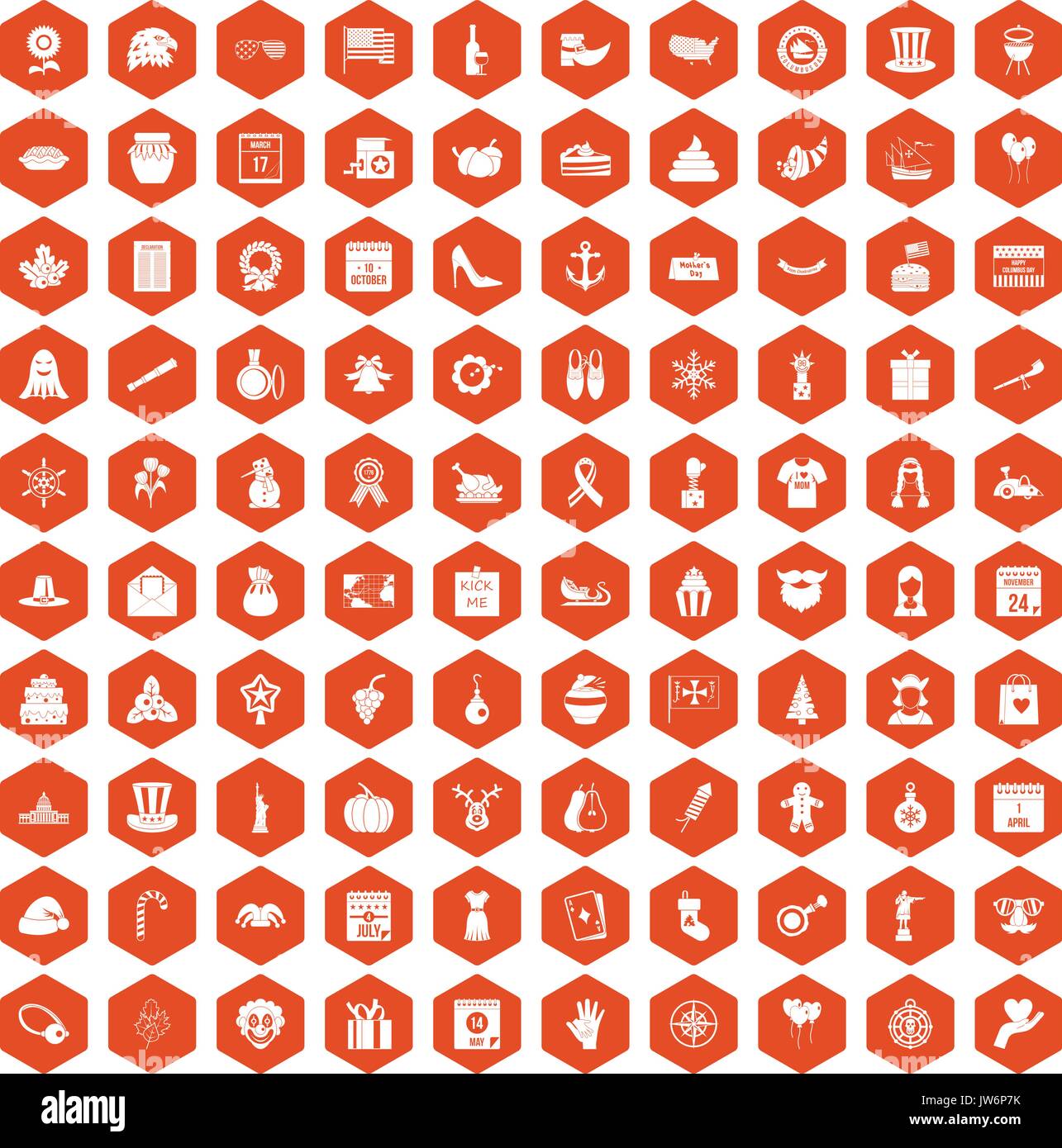 100 national holiday icons hexagon orange Stock Vector