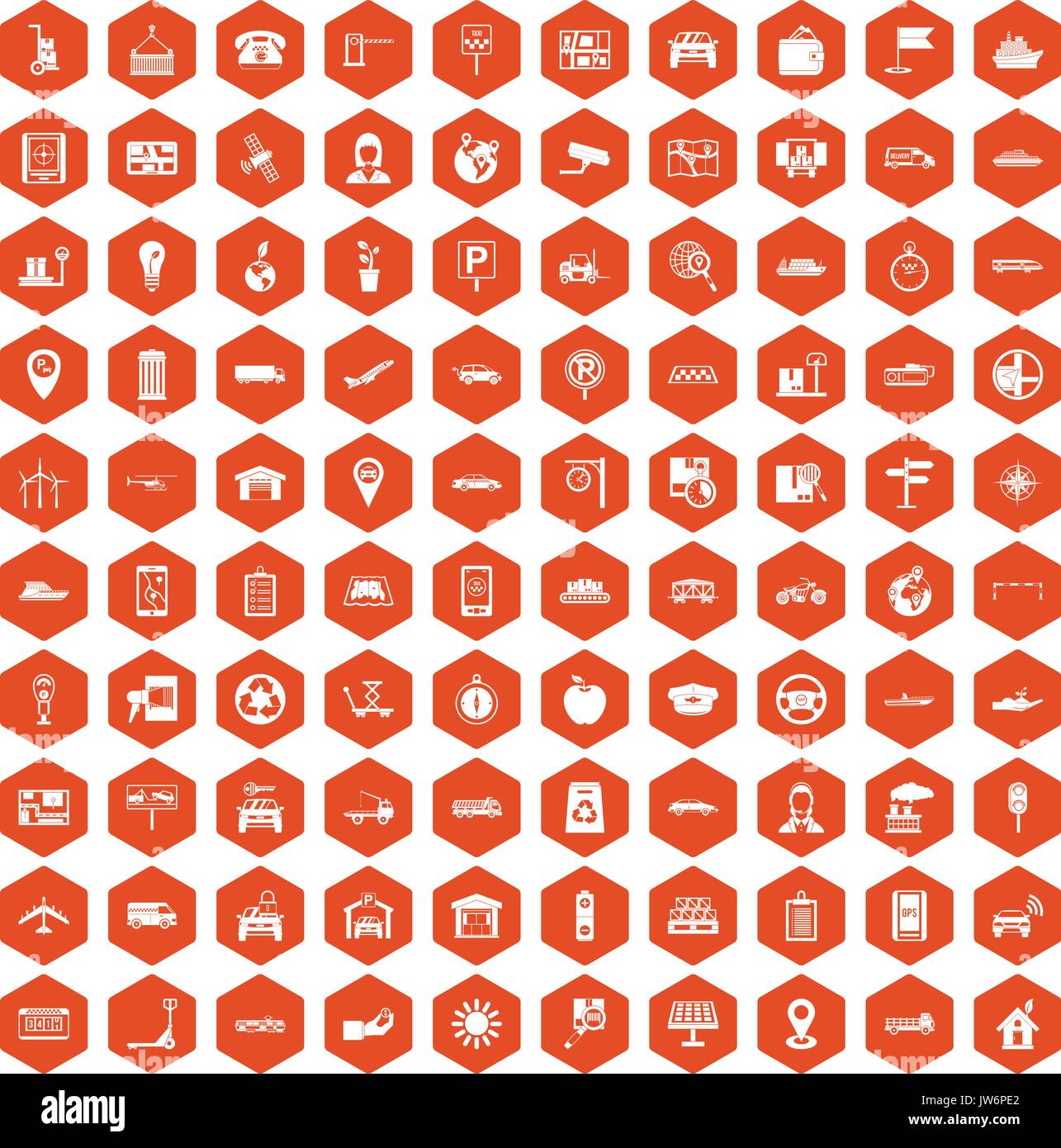 100 navigation icons hexagon orange Stock Vector