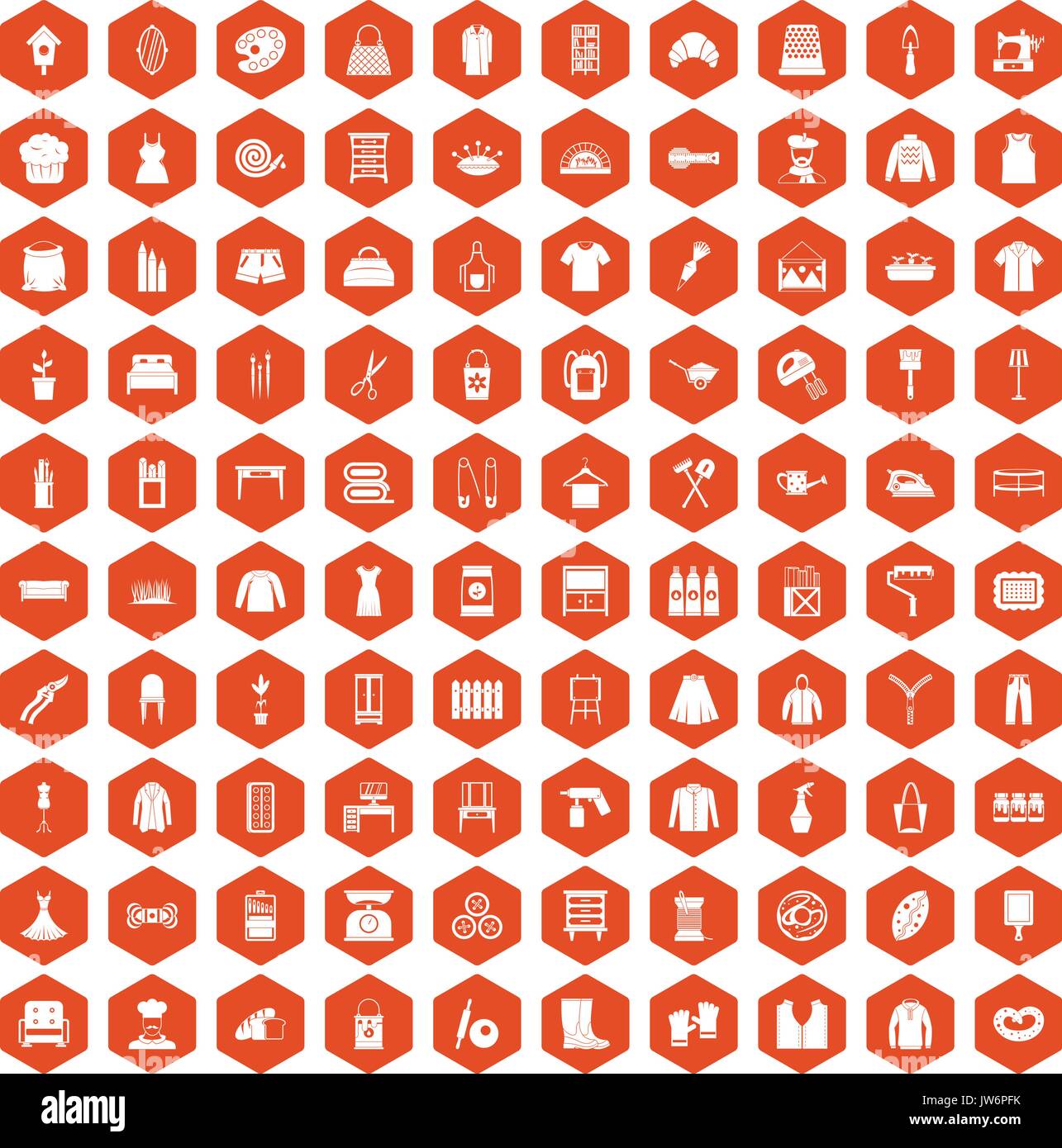 100 needlework icons hexagon orange Stock Vector
