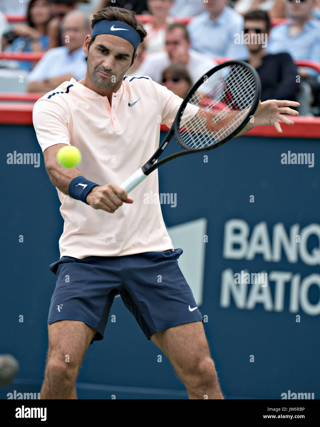 Montreal, Canada. 10th Aug, 2017. Roger Federer of Switzerland returns the  ball to David Ferrer of Spain during their third round of men's singles  match at the 2017 Rogers Cup in Montreal,