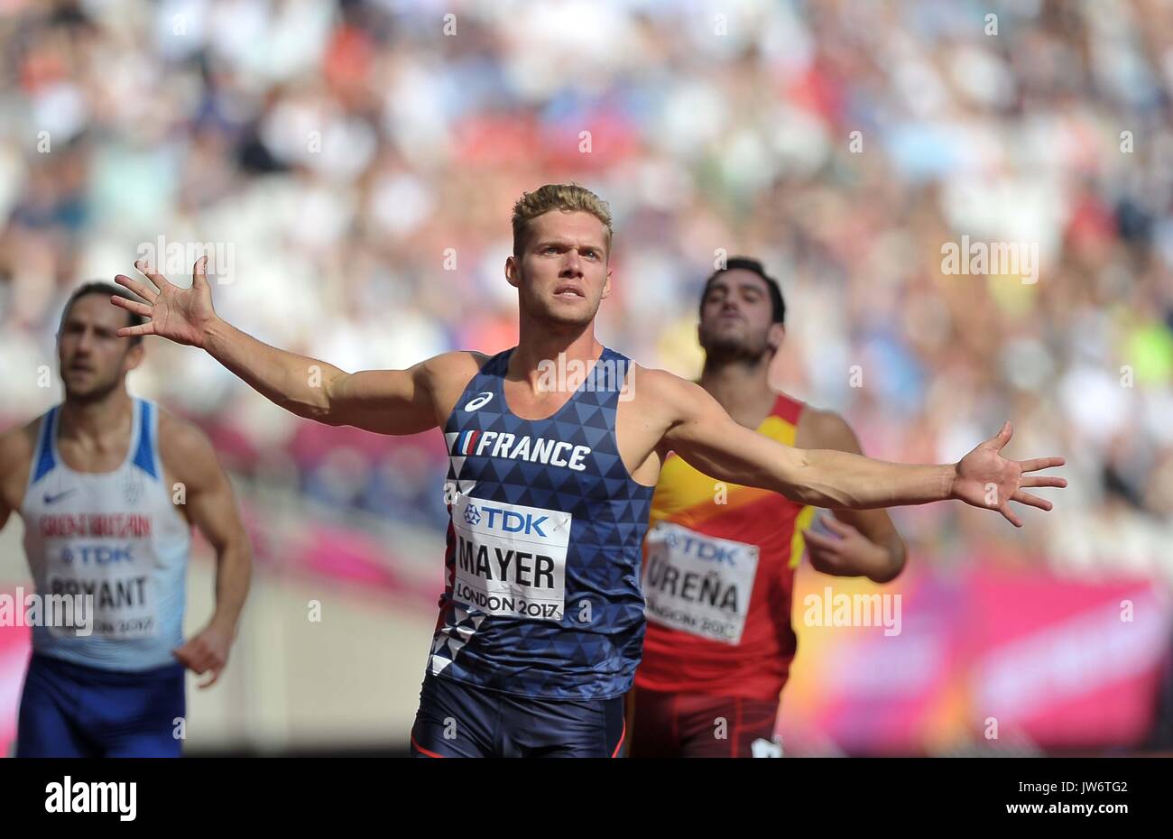 London, UK. 11th Aug, 2017. Kevin MAYER (FRA) in the mens decathlon 100m. IAAF world athletics championships. London Olympic stadium. Queen Elizabeth Olympic park. Stratford. London. UK. 11/08/2017. Credit: Sport In Pictures/Alamy Live News Stock Photo