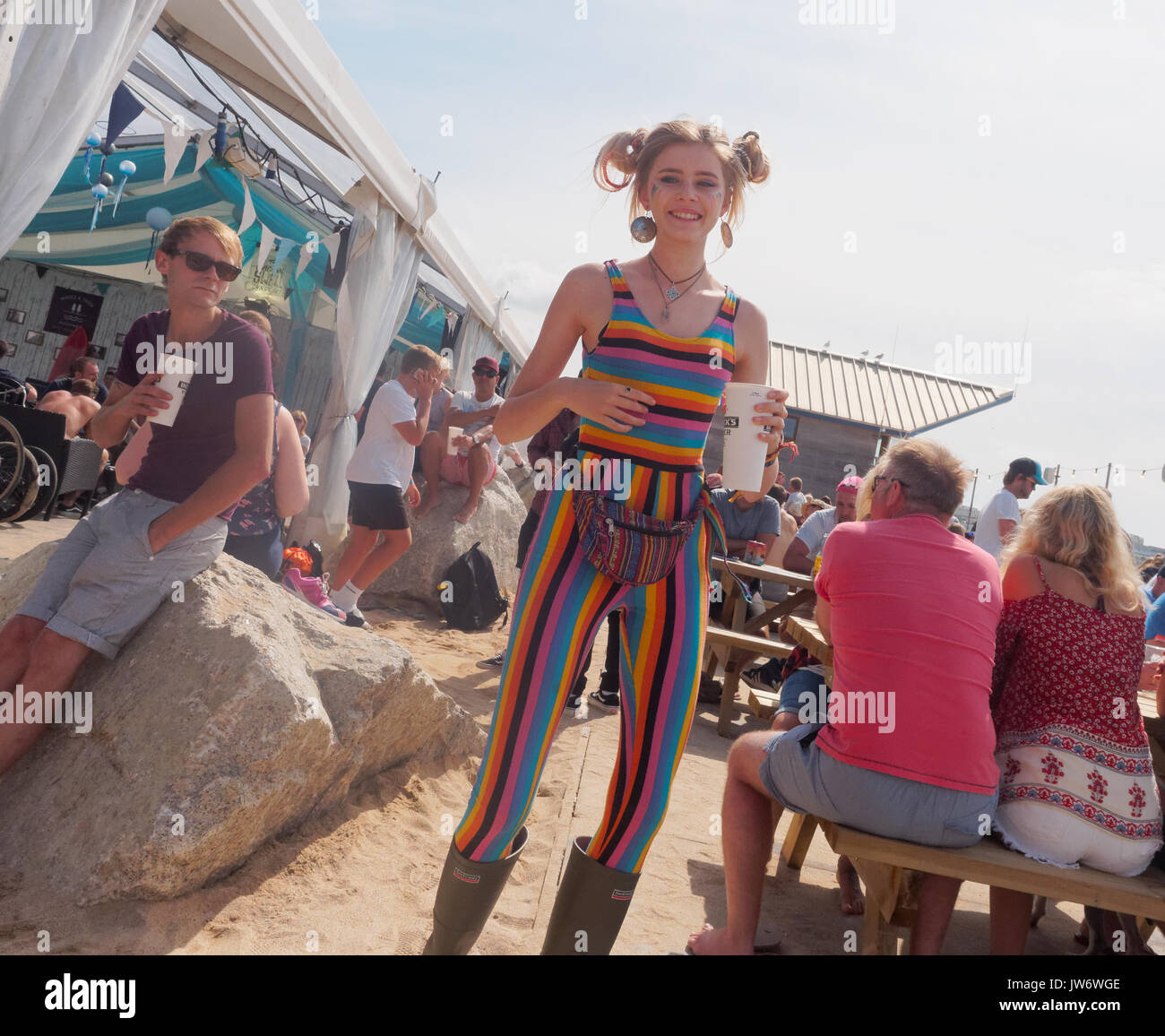 Boardmasters Cornwall colorfull spectators at Festival surfing Stock Photo