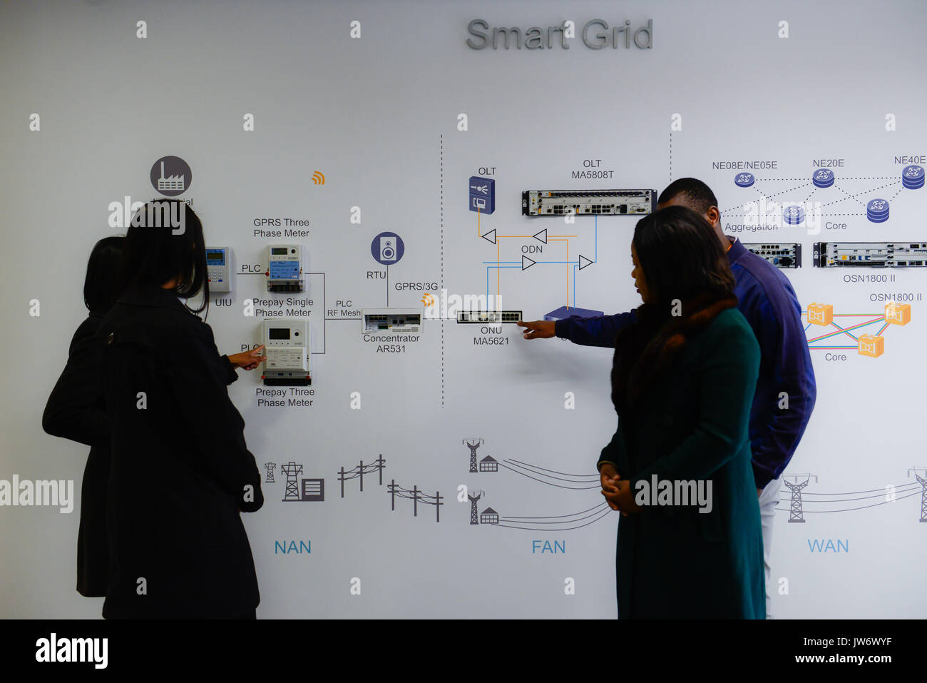 (170811) -- JOHANNESBURG, Aug. 11, 2017 (Xinhua) -- People visit the displayed Smart Grid solution at Huawei's Information and Communications Technology (ICT) Innovation and Experience Center in Johannesburg, South Africa, on July 17, 2017. Chinese leading global ICT solution provider Huawei launched its first African Innovation and Experience Center in Johannesburg, South Africa on July 19, 2016, to showcase the company's state-of-the-art ICT products and solutions in the field. Covering an area of 500 square meters and with an investment of more than 72 million Rands (about 4.8 million US Do Stock Photo