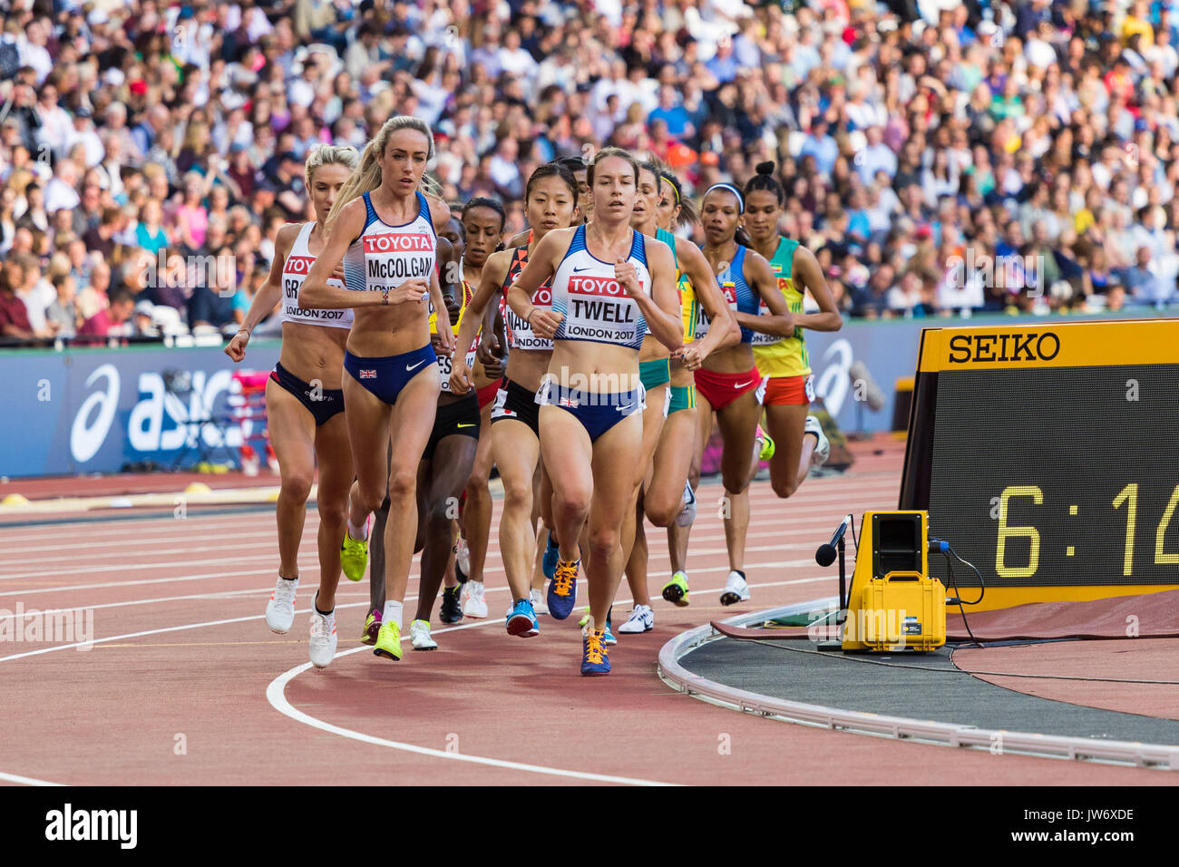 London, UK. 10th Aug, 2017. London, August 10 2017 . Eilish McColgan, and Stephanie Twell, Great Britain, in the women's 5,000m heats on day seven of the IAAF London 2017 world Championships at the London Stadium. Credit: Paul Davey/Alamy Live News Stock Photo