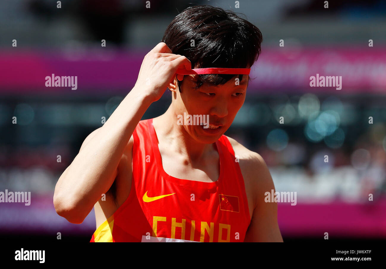 London, Britain. 11th Aug, 2017. Zhang Guowei of China reacts after he