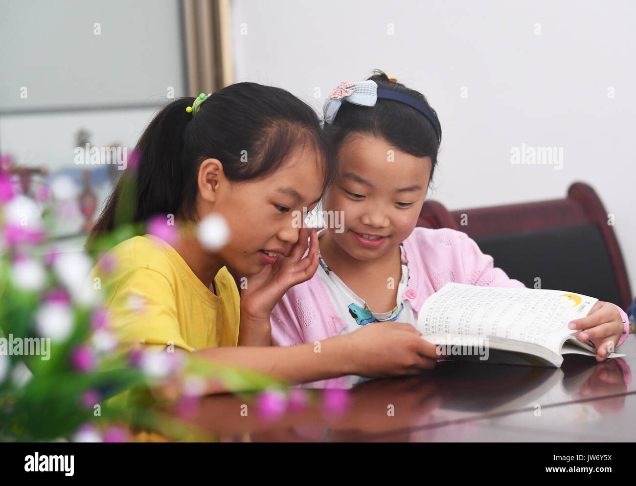 Chongqing, China's Chongqing. 11th Aug, 2017. Two girls read books in the rural library of Qingping Village, Chengkou County, southwest China's Chongqing, Aug. 11, 2017. Nearly 200 rural libraries were set up in Chengkou County in recent years with the aim to enrich people's life. Credit: Wang Quanchao/Xinhua/Alamy Live News Stock Photo