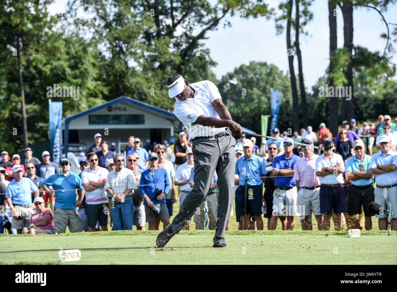 10th August 2017, Quail Hollow, Charlotte, NC, USA; Vijay Singh on the 8th tee during 1st round action at the PGA Championship at the Quail Hollow Club Charlotte, Stock Photo