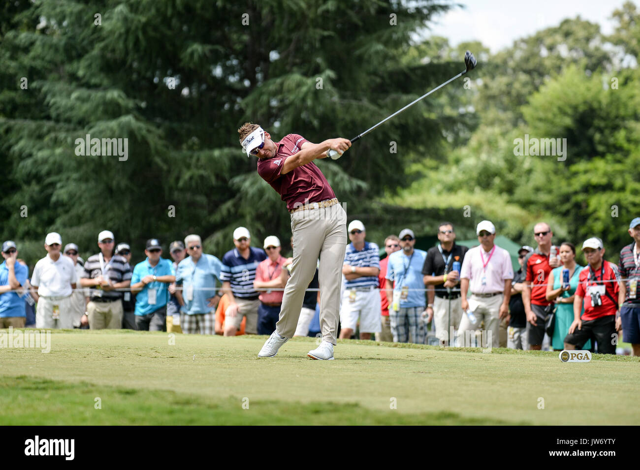 10th August 2017, Quail Hollow, Charlotte, NC, USA; Ian Poulter on the 9th tee during 1st round action at the PGA Championship at the Quail Hollow Club Charlotte, Stock Photo