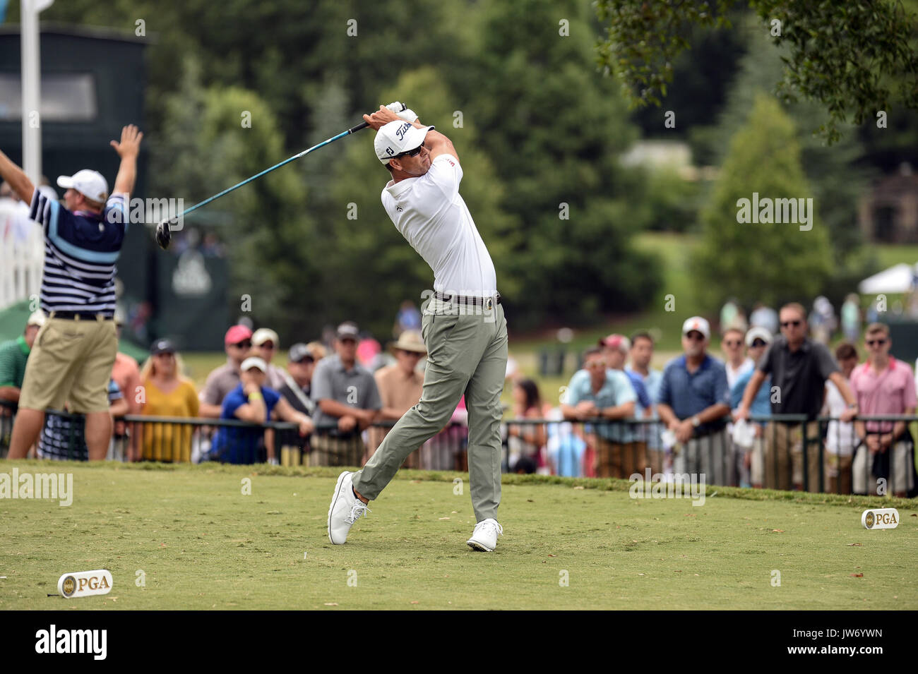 10th August 2017, Quail Hollow, Charlotte, NC, USA; Adam Scott on the tee during 1st round action at the PGA Championship at the Quail Hollow Club Charlotte, Stock Photo