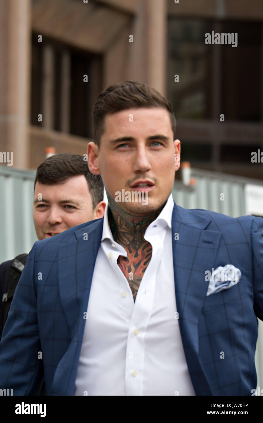 Liverpool, UK, 11th August 2017. The former Celebrity Big Brother star Jeremy McConnell walks free from Liverpool Magistrates Court after being handed 20 weeks in prison, suspended for 12 months. He must also complete 200 hours unpaid work. for assaulting his girlfriend Stephanie Davis.Credit: Ken Biggs/Alamy Live News. Stock Photo