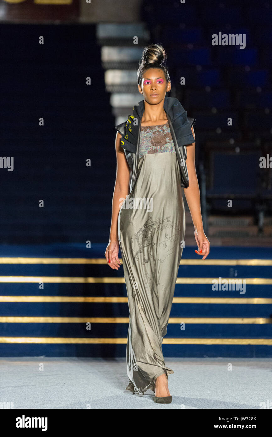 London, UK, 11th August 2017. The Adesegun George collection is presented. Models on the first runway of the day, with designs by Adesegun George, Ibrahim Musa, De-Beauharnais Mabhun,u Grey On Gray, Naadoley, Purpose. Since debuting in 2011, the two day Africa Fashion Week London, AFWL, has grown into one of the largest African and Africa-inspired fashion events in Europe. Credit: Imageplotter News and Sports/Alamy Live News Stock Photo
