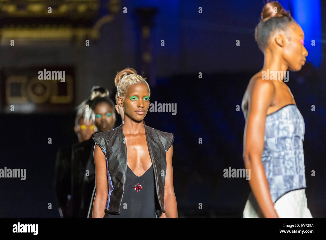 London, UK, 11th August 2017. The Adesegun George collection is presented. Models on the first runway of the day, with designs by Adesegun George, Ibrahim Musa, De-Beauharnais Mabhun,u Grey On Gray, Naadoley, Purpose. Since debuting in 2011, the two day Africa Fashion Week London, AFWL, has grown into one of the largest African and Africa-inspired fashion events in Europe. Credit: Imageplotter News and Sports/Alamy Live News Stock Photo