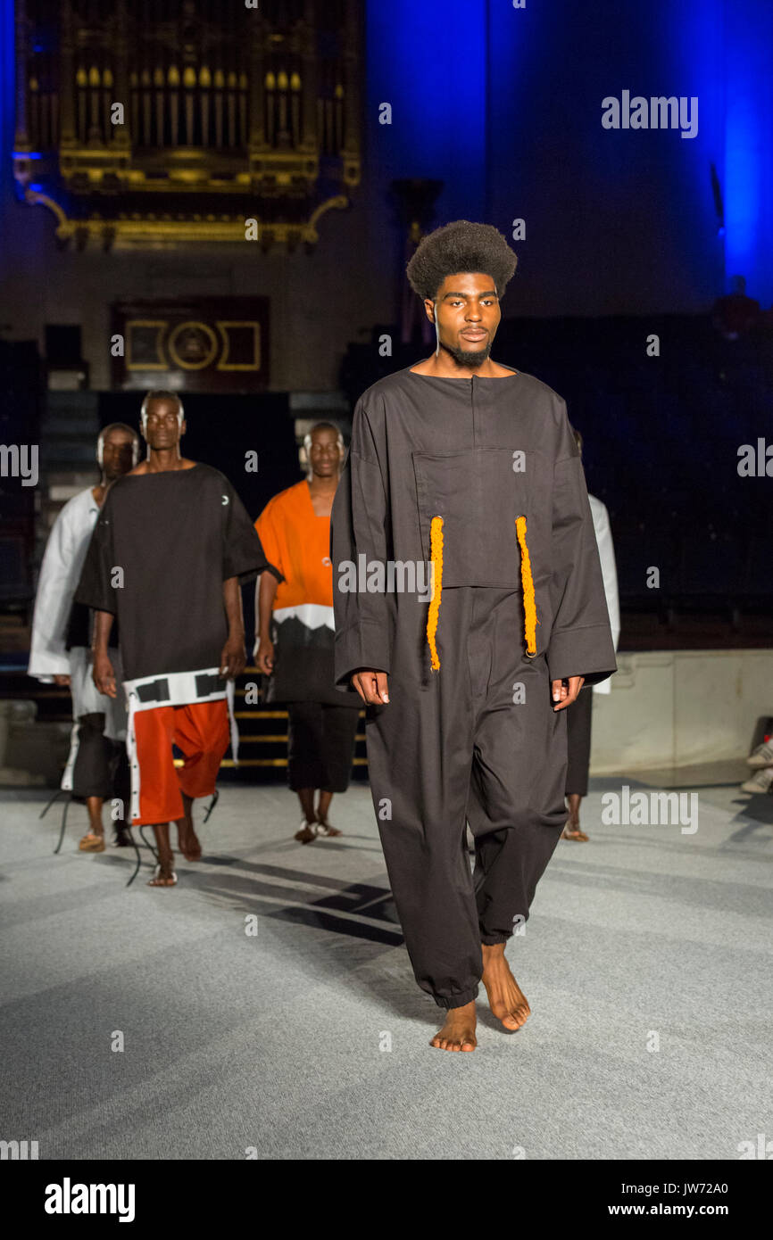 London, UK, 11th August 2017. The Ibrahim Musa collection is presented. Models on the first runway of the day, with designs by Adesegun George, Ibrahim Musa, De-Beauharnais Mabhun,u Grey On Gray, Naadoley, Purpose. Since debuting in 2011, the two day Africa Fashion Week London, AFWL, has grown into one of the largest African and Africa-inspired fashion events in Europe. Credit: Imageplotter News and Sports/Alamy Live News Stock Photo