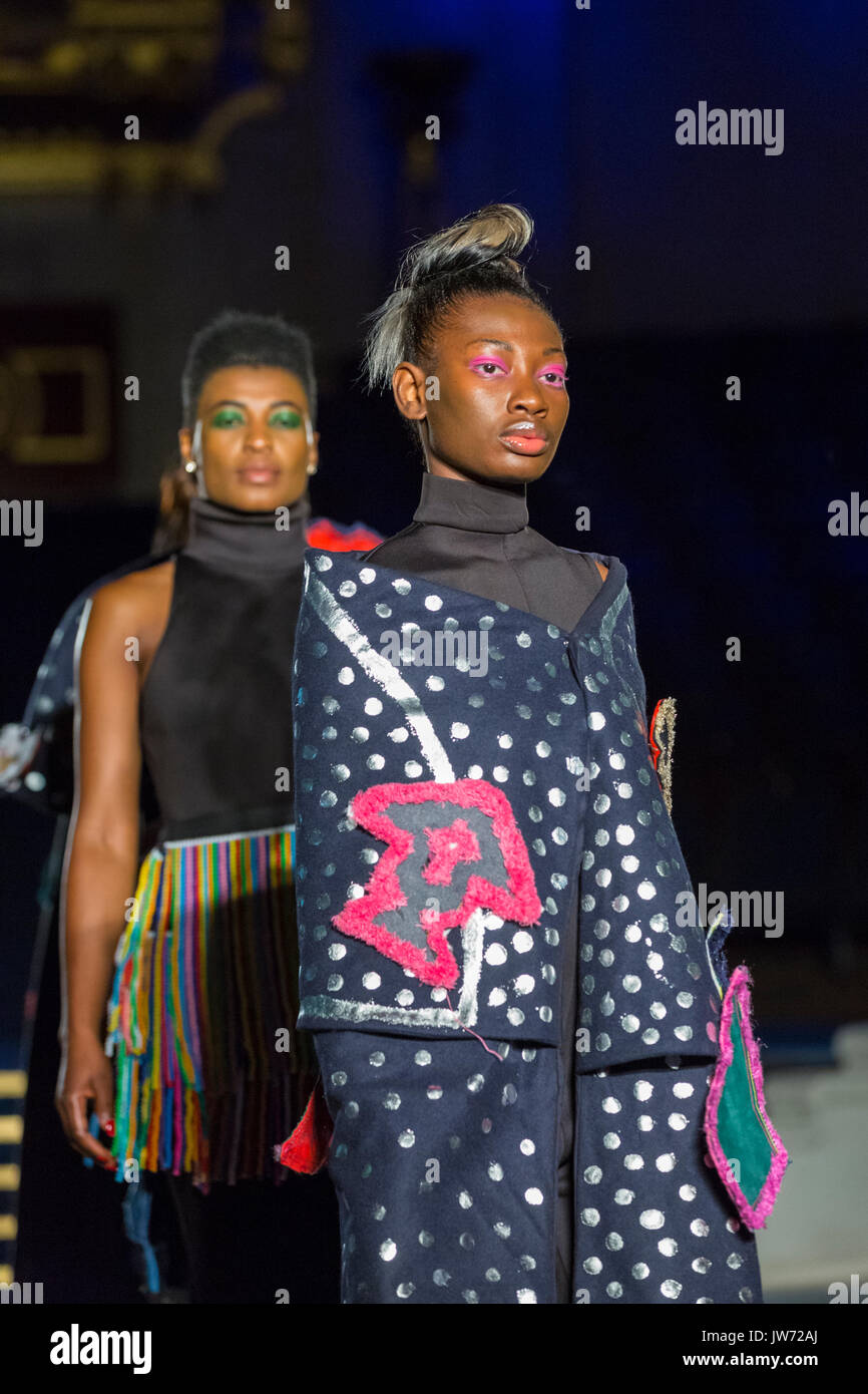 London, UK, 11th August 2017. A model on the first runway of the day, with designs by Adesegun George, Ibrahim Musa, De-Beauharnais Mabhun,u Grey On Gray, Naadoley, Purpose. Since debuting in 2011, the two day Africa Fashion Week London, AFWL, has grown into one of the largest African and Africa-inspired fashion events in Europe. Credit: Imageplotter News and Sports/Alamy Live News Stock Photo