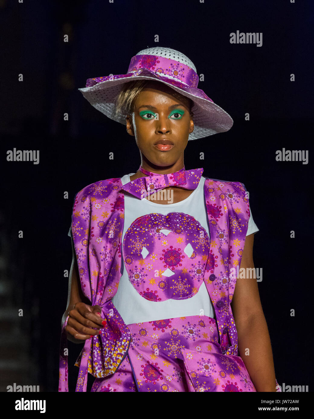 London, UK, 11th August 2017. The Purpose collection is presented. Models on the first runway of the day, with designs by Adesegun George, Ibrahim Musa, De-Beauharnais Mabhun,u Grey On Gray, Naadoley, Purpose. Since debuting in 2011, the two day Africa Fashion Week London, AFWL, has grown into one of the largest African and Africa-inspired fashion events in Europe. Credit: Imageplotter News and Sports/Alamy Live News Stock Photo