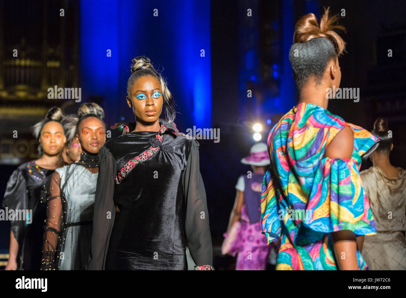 London, UK, 11th August 2017. The Purpose collection is presented. Models on the first runway of the day, with designs by Adesegun George, Ibrahim Musa, De-Beauharnais Mabhun,u Grey On Gray, Naadoley, Purpose. Since debuting in 2011, the two day Africa Fashion Week London, AFWL, has grown into one of the largest African and Africa-inspired fashion events in Europe. Credit: Imageplotter News and Sports/Alamy Live News Stock Photo