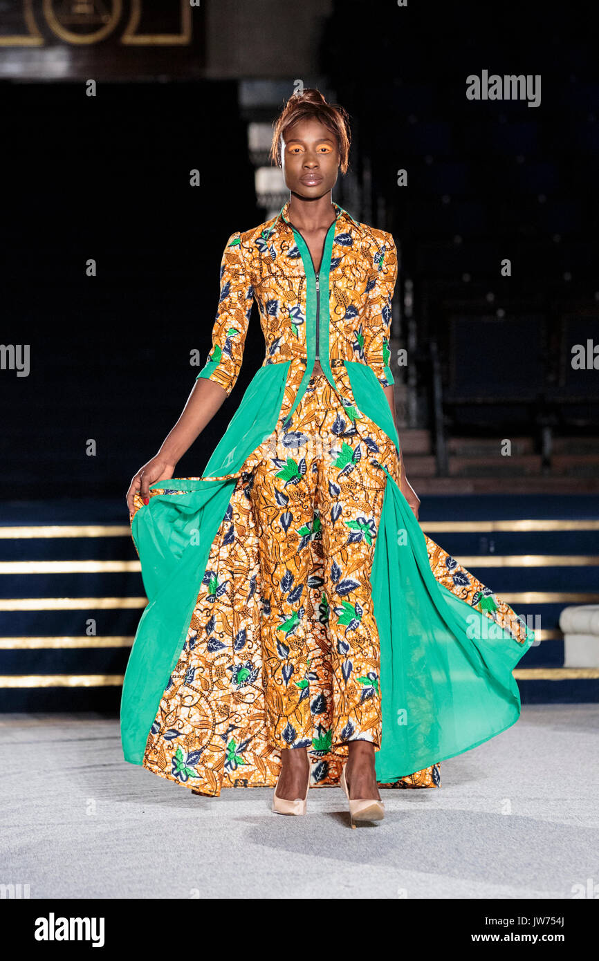 London, UK, 11th August 2017. The Godwin Green designs are presented. Models on the second runway of the day, with designs by Godwin Green, Araewa, Bijelly, Regallia, Maufechi, Monami 4 Moremi, Kola Kuddus. Since debuting in 2011, the two day Africa Fashion Week London, AFWL, has grown into one of the largest Africa inspired fashion events in Europe. Stock Photo