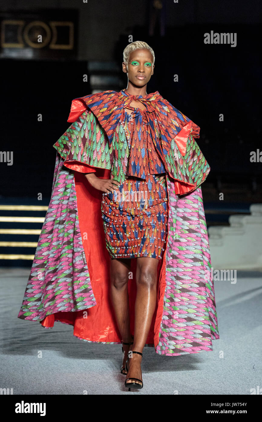 London, UK, 11th August 2017. The Araewa designs are presened. Models on the second runway of the day, with designs by Godwin Green, Araewa, Bijelly, Regallia, Maufechi, Monami 4 Moremi, Kola Kuddus. Since debuting in 2011, the two day Africa Fashion Week London, AFWL, has grown into one of the largest Africa inspired fashion events in Europe. Stock Photo