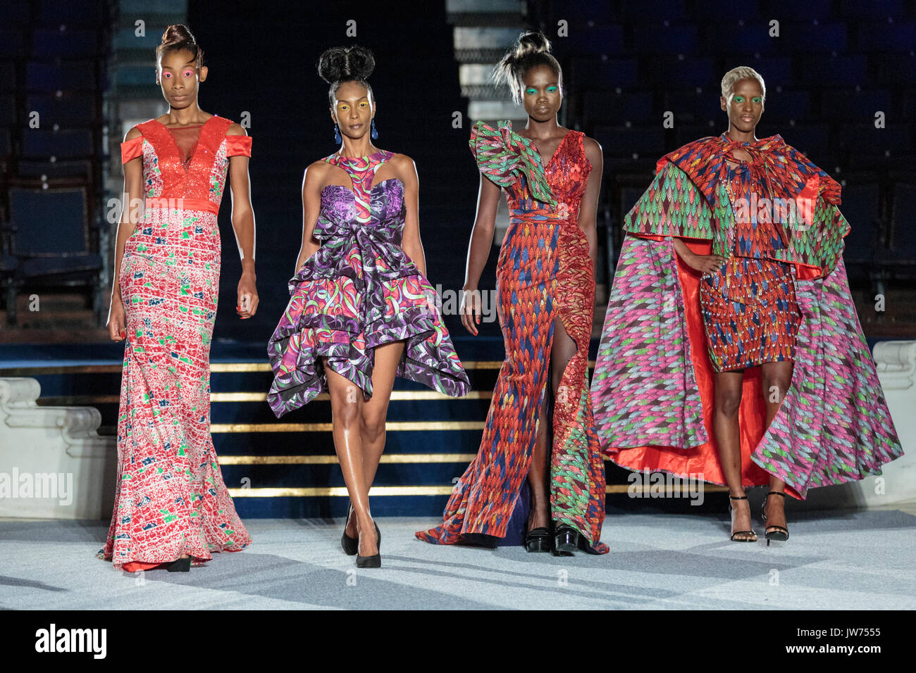 London, UK, 11th August 2017. The Araewa designs are presened. Models on the second runway of the day, with designs by Godwin Green, Araewa, Bijelly, Regallia, Maufechi, Monami 4 Moremi, Kola Kuddus. Since debuting in 2011, the two day Africa Fashion Week London, AFWL, has grown into one of the largest Africa inspired fashion events in Europe. Stock Photo
