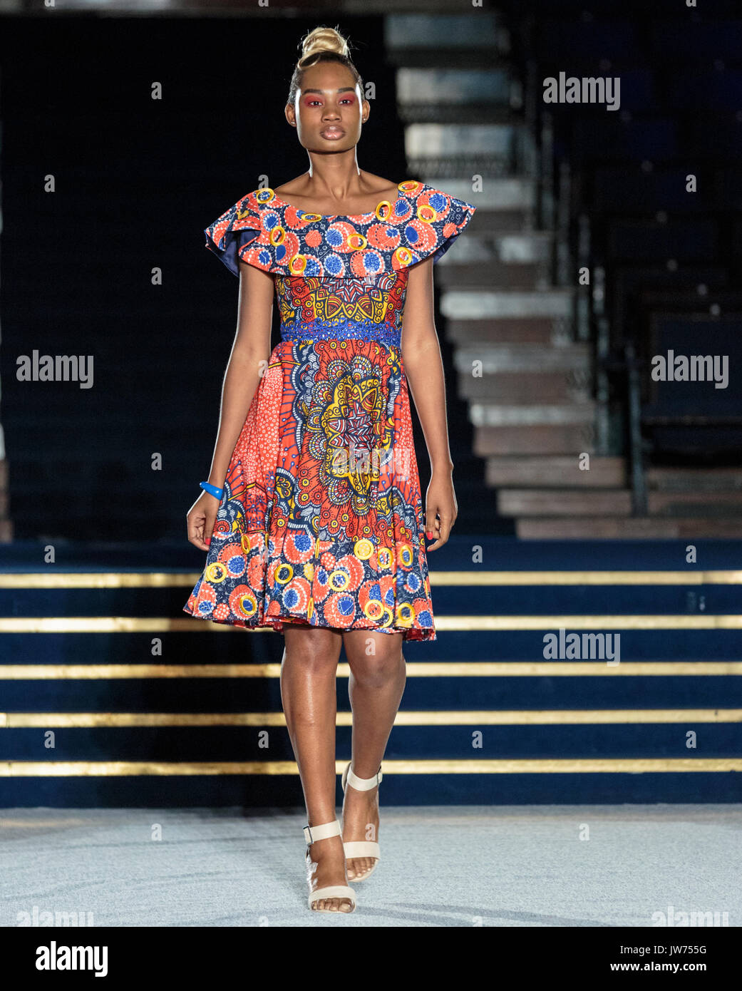 London, UK, 11th August 2017. The Bijelly designs are presented. Models on the second runway of the day, with designs by Godwin Green, Araewa, Bijelly, Regallia, Maufechi, Monami 4 Moremi, Kola Kuddus. Since debuting in 2011, the two day Africa Fashion Week London, AFWL, has grown into one of the largest Africa inspired fashion events in Europe. Stock Photo
