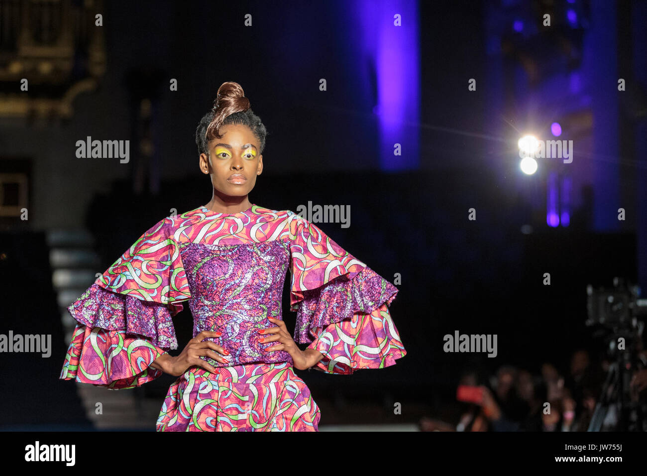 London, UK, 11th August 2017. The Bijelly designs are presented. Models on the second runway of the day, with designs by Godwin Green, Araewa, Bijelly, Regallia, Maufechi, Monami 4 Moremi, Kola Kuddus. Since debuting in 2011, the two day Africa Fashion Week London, AFWL, has grown into one of the largest Africa inspired fashion events in Europe. Stock Photo