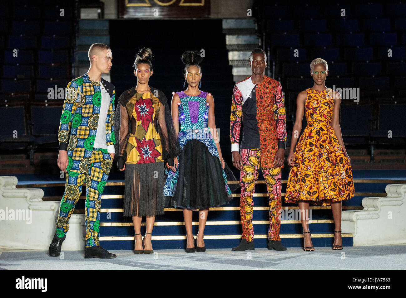 London, UK, 11th August 2017. The House of Regallia  designs are being presented. Models on the second runway of the day, with designs by Godwin Green, Araewa, Bijelly, Regallia, Maufechi, Monami 4 Moremi, Kola Kuddus. Since debuting in 2011, the two day Africa Fashion Week London, AFWL, has grown into one of the largest Africa inspired fashion events in Europe. Stock Photo