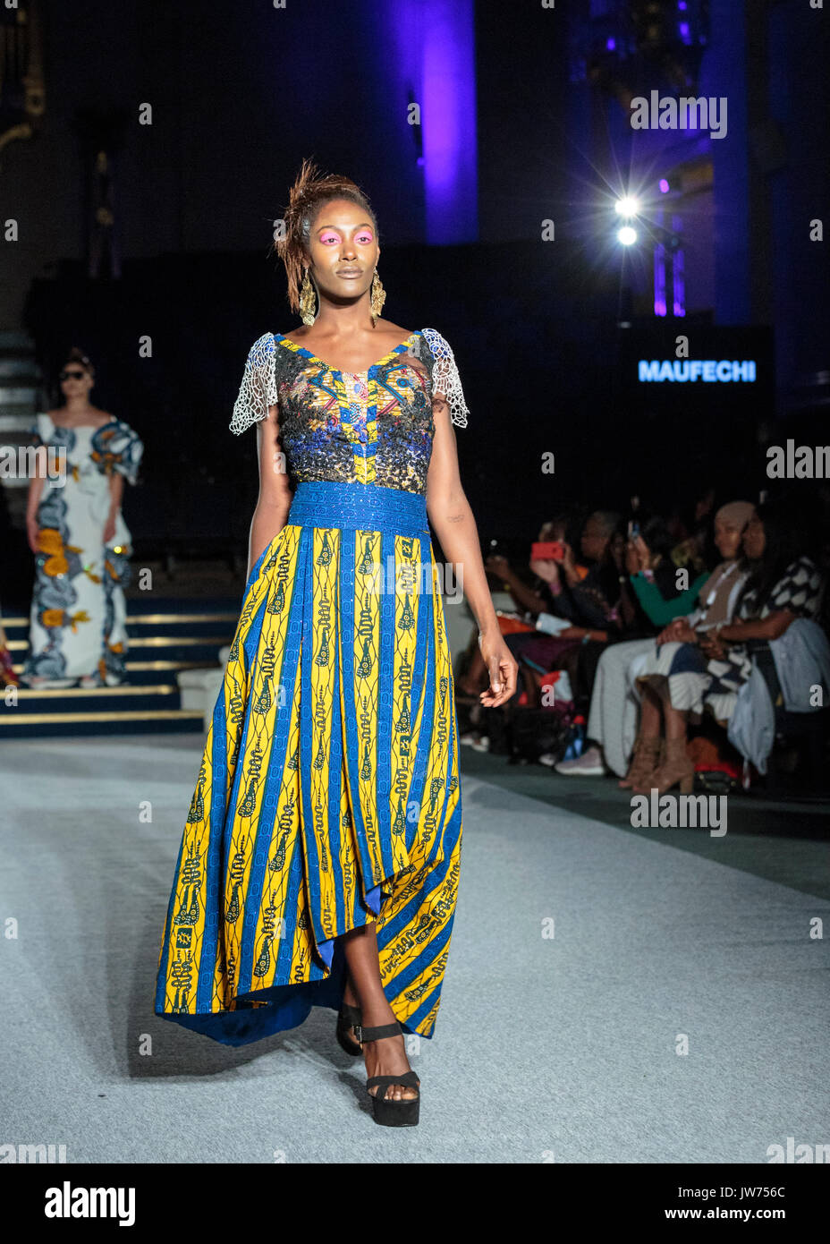London, UK, 11th August 2017. The Maufechi designs are presented. A model on the second runway of the day, with designs by Godwin Green, Araewa, Bijelly, Regallia, Maufechi, Monami 4 Moremi, Kola Kuddus. Since debuting in 2011, the two day Africa Fashion Week London, AFWL, has grown into one of the largest Africa inspired fashion events in Europe. Stock Photo