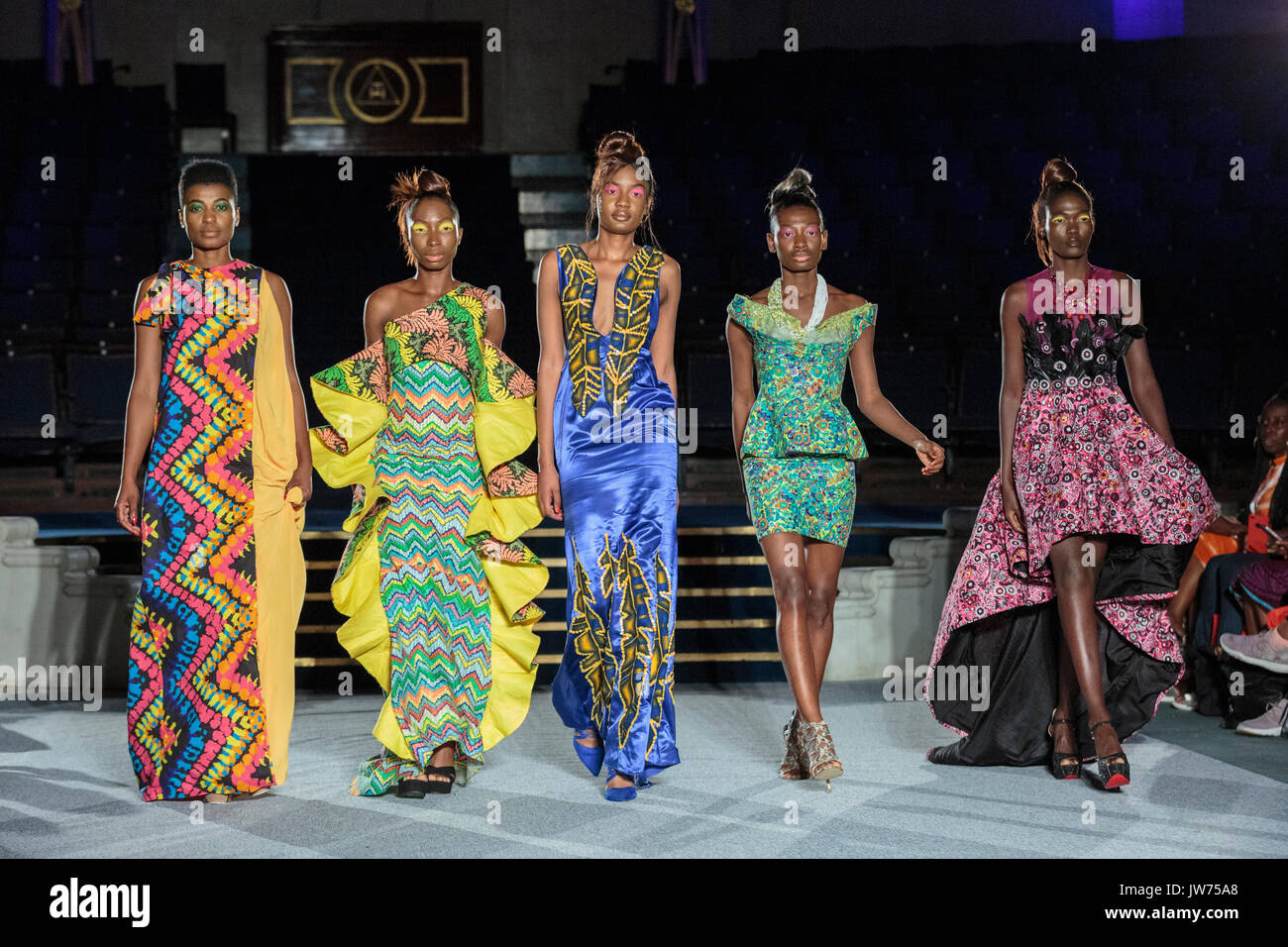 London, UK, 11th August 2017. A model on the second runway of the day, with designs by Godwin Green, Araewa, Bijelly, Regallia, Maufechi, Monami 4 Moremi, Kola Kuddus. Since debuting in 2011, the two day Africa Fashion Week London, AFWL, has grown into one of the largest Africa inspired fashion events in Europe. Stock Photo