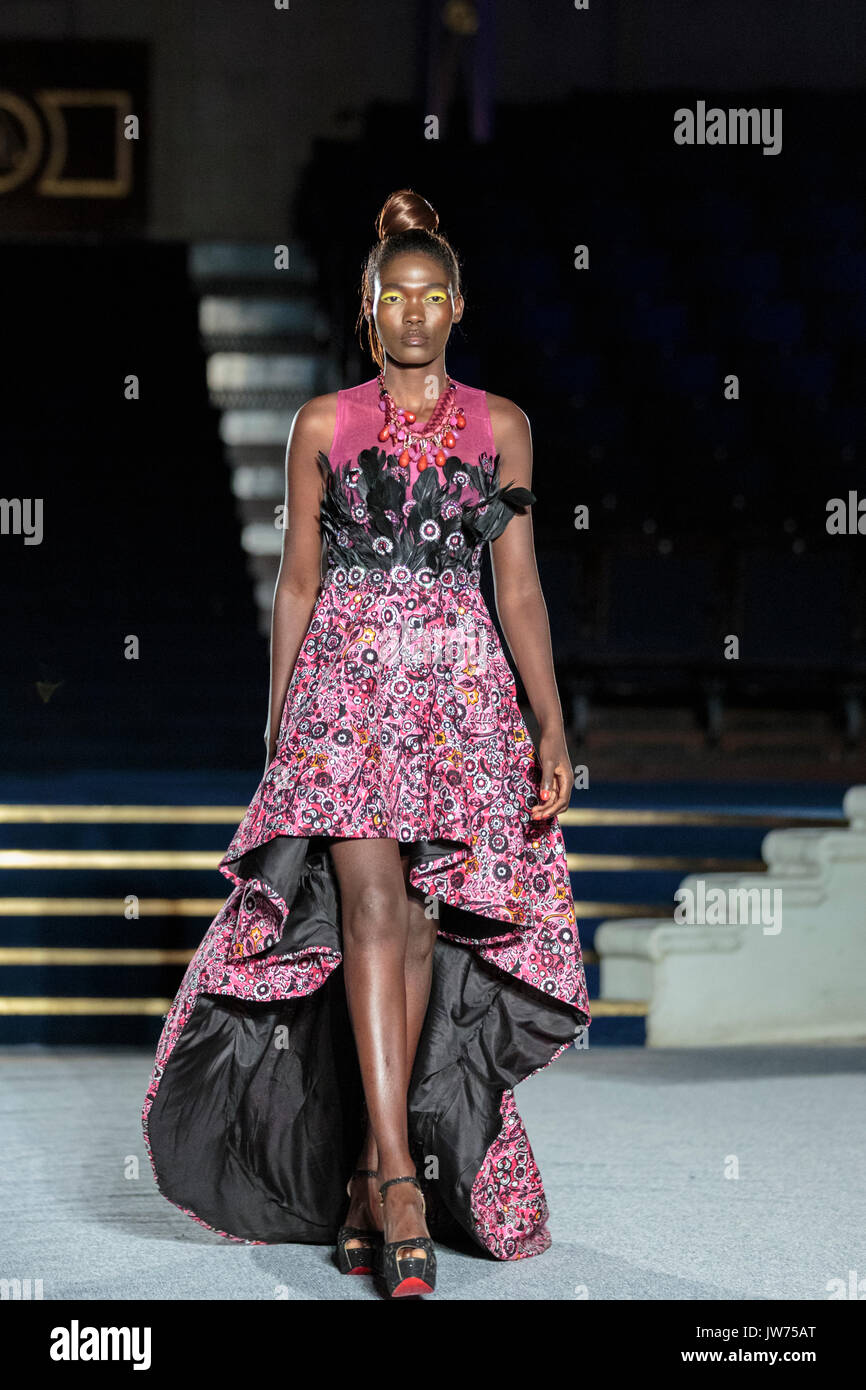 London, UK, 11th August 2017. A model on the second runway of the day, with designs by Godwin Green, Araewa, Bijelly, Regallia, Maufechi, Monami 4 Moremi, Kola Kuddus. Since debuting in 2011, the two day Africa Fashion Week London, AFWL, has grown into one of the largest Africa inspired fashion events in Europe. Stock Photo
