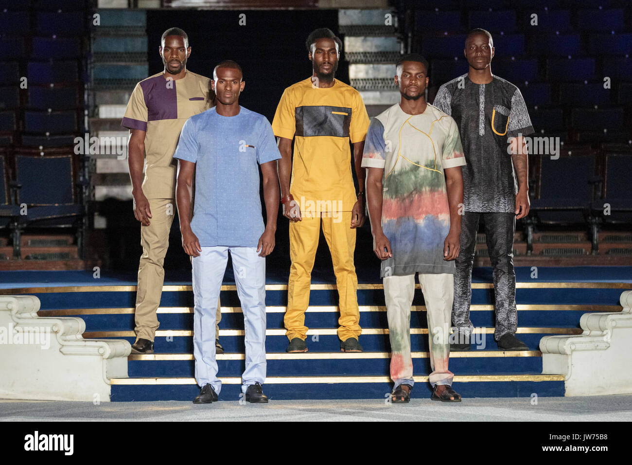 London, UK, 11th August 2017. The Kola Kuddus designs are presented. Models on the second runway of the day, with designs by Godwin Green, Araewa, Bijelly, Regallia, Maufechi, Monami 4 Moremi, Kola Kuddus. Since debuting in 2011, the two day Africa Fashion Week London, AFWL, has grown into one of the largest Africa inspired fashion events in Europe. Stock Photo