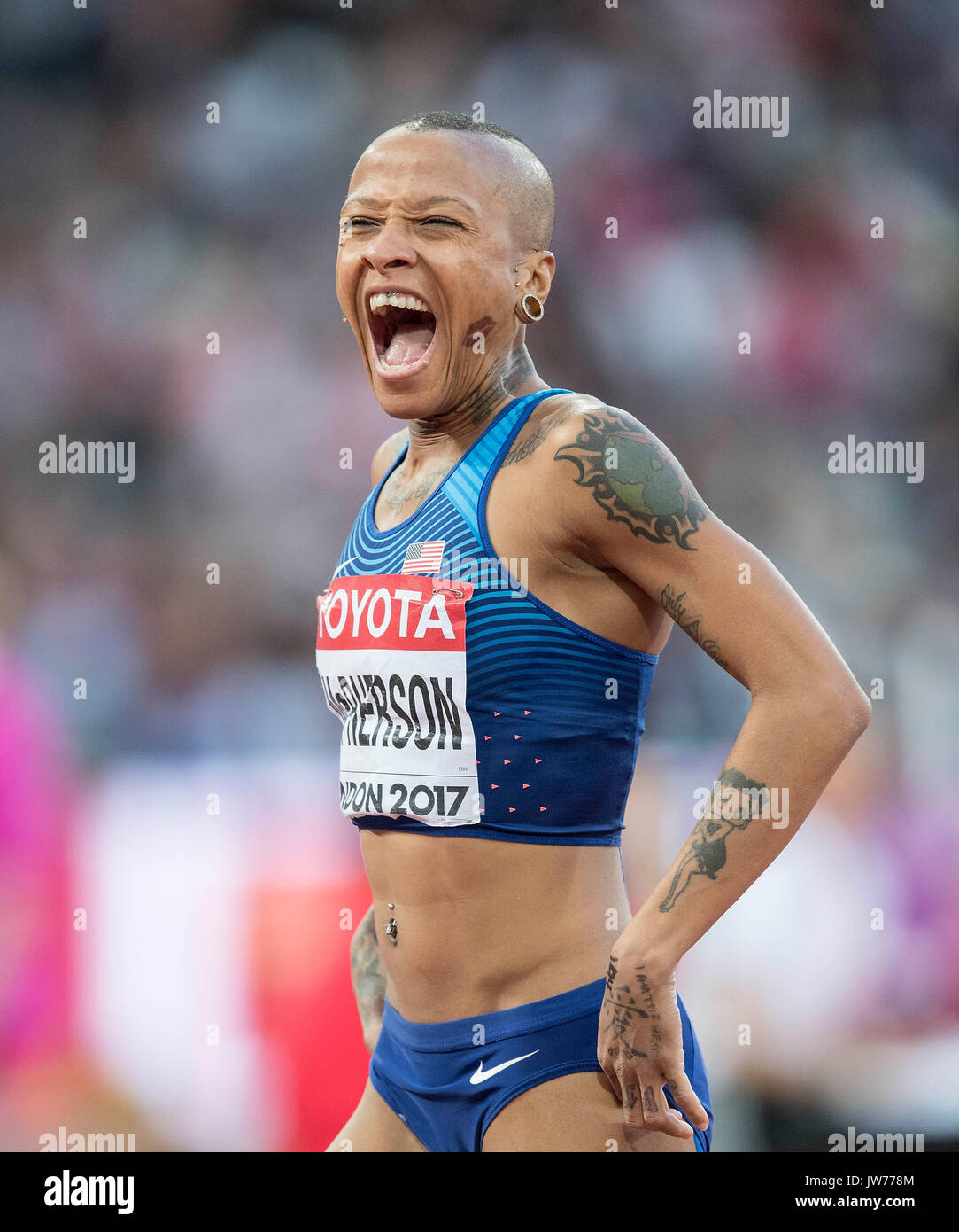 London, Grossbritannien. 10th Aug, 2017. Inika McPherson, USA, Feature,  Tattoo, Tatowierung, Taetowierung, Piercing, Mimik, Qualifikation  Hochsprung der Frauen, am 10.08.2017 Leichtathletik Weltmeisterschaft 2017  in London/ Grossbritannien, vom 04.08 ..., image size:1083x1390