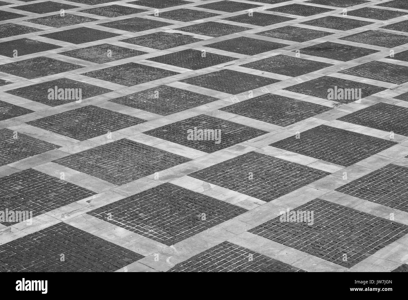 Cityscape with empty brick floor. Urban background. Stock Photo