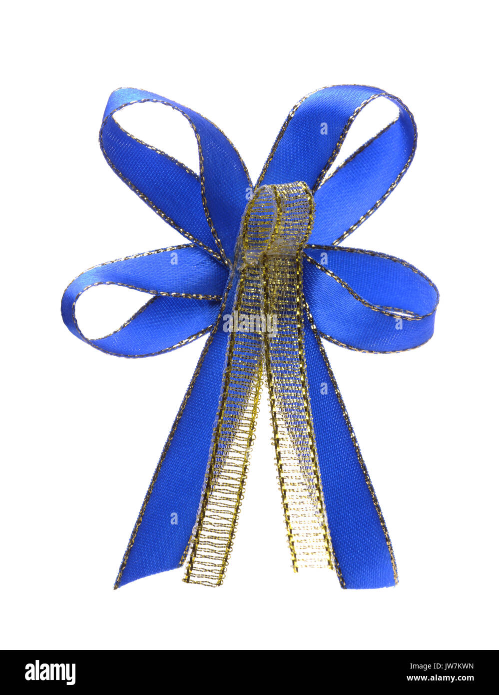 Blue and gold decorative ribbon bow isolated on white Stock Photo