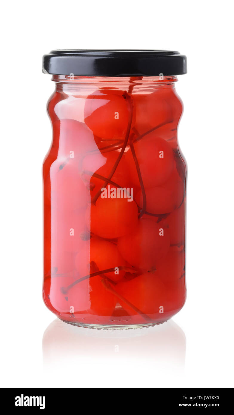 Jar of  maraschino cocktail cherries isolated on white Stock Photo