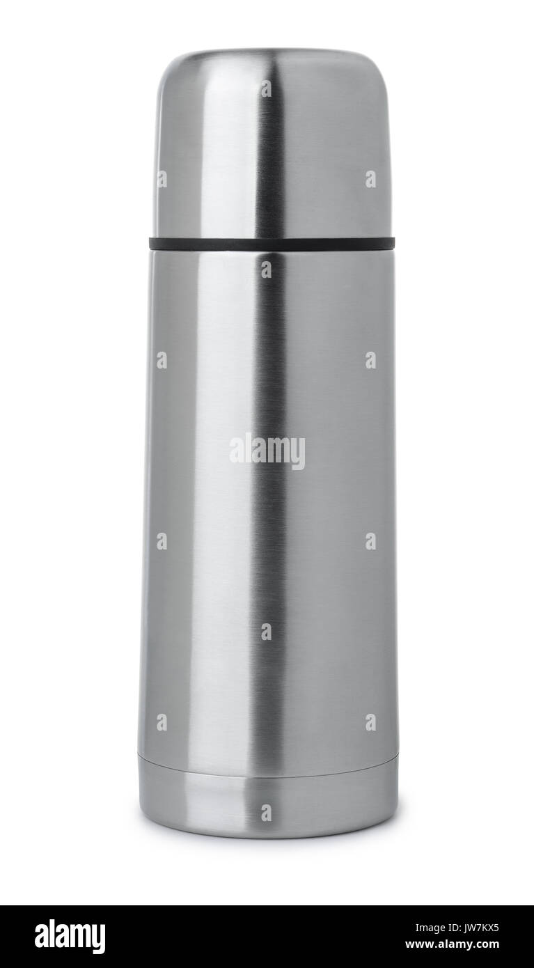 Front view of steel thermos flask isolated on white Stock Photo