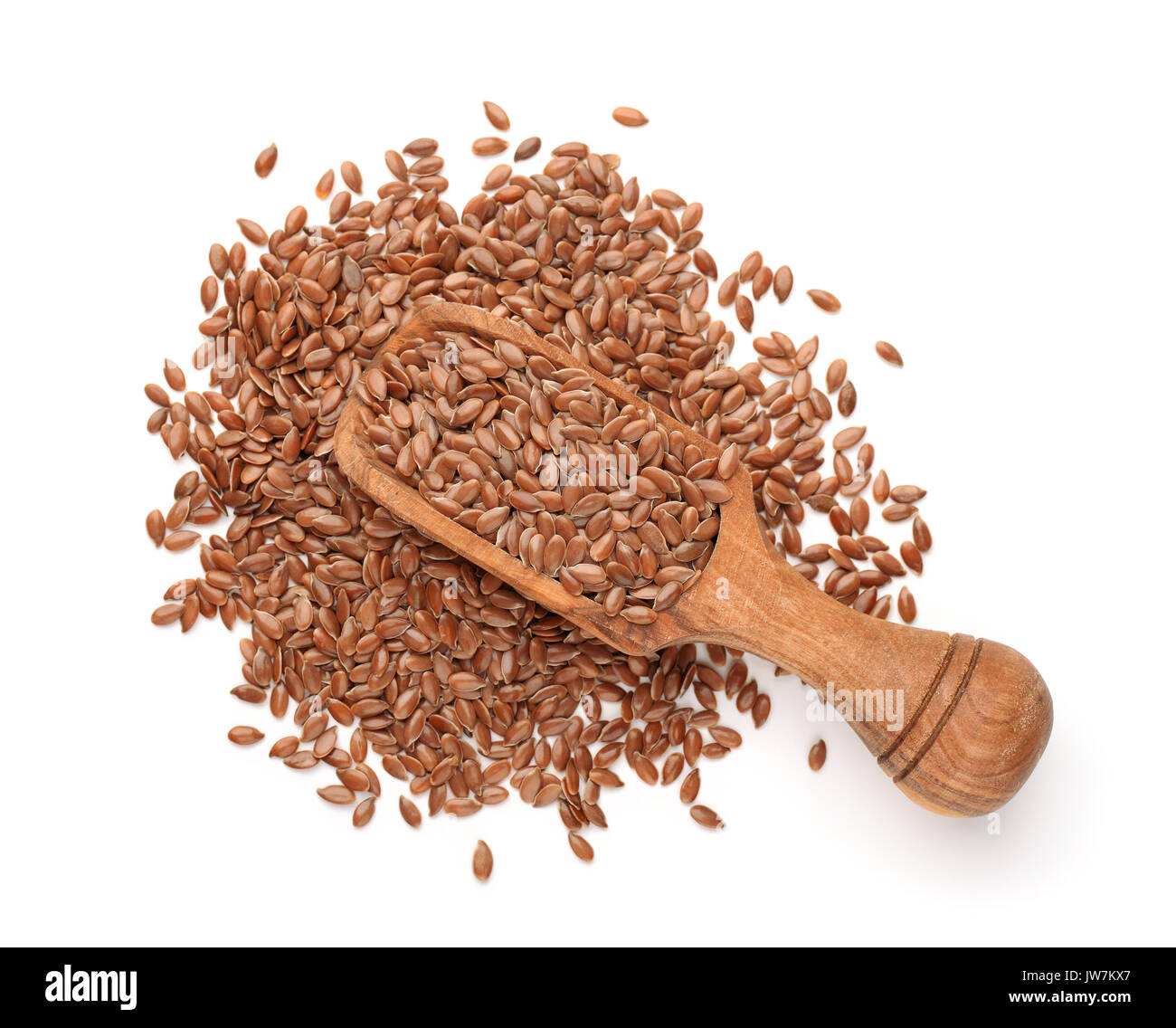 Top view of flax seeds in wooden scoop isolated on white Stock Photo
