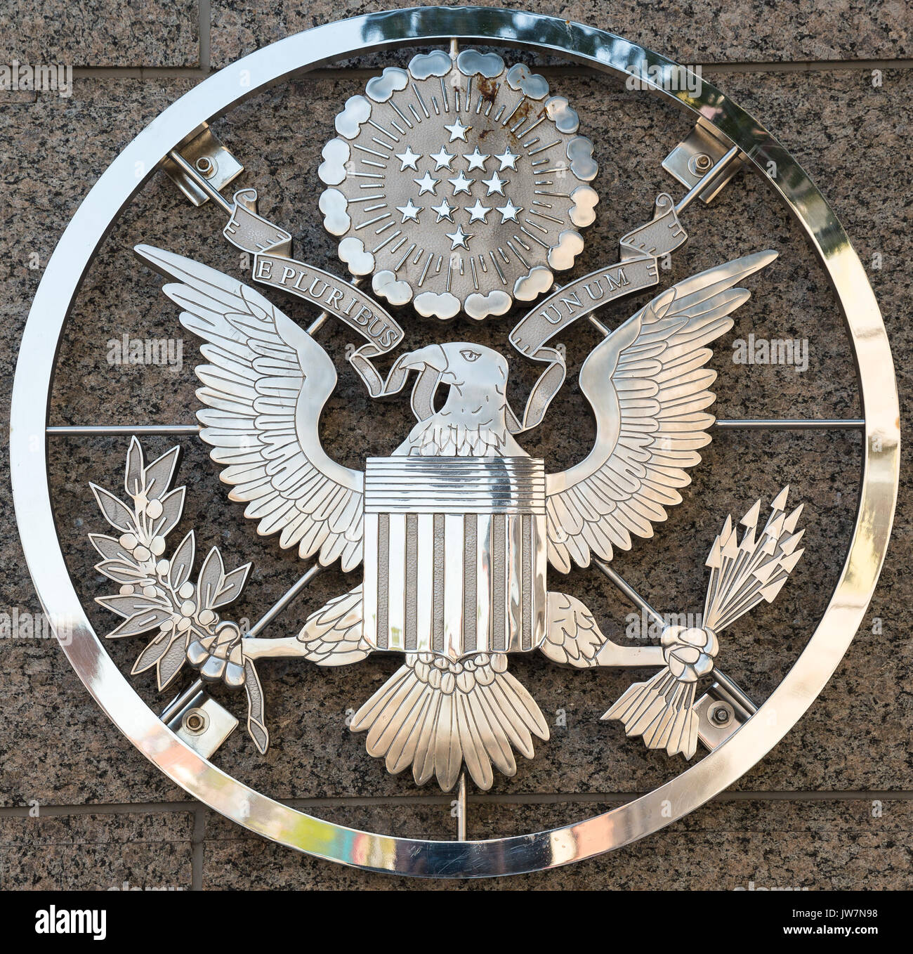 The US Embassy emblem in Ottawa Ontario Canada E Pluribus Unum Stock Photo