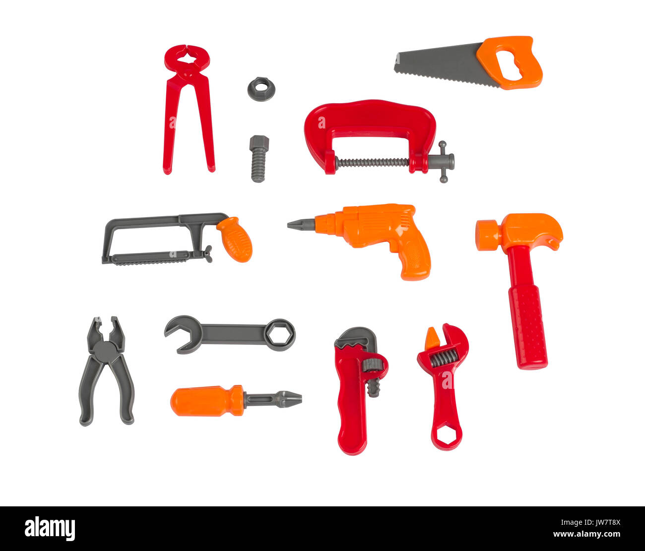 Mechanic tools, children’s plastic toy isolated on white background