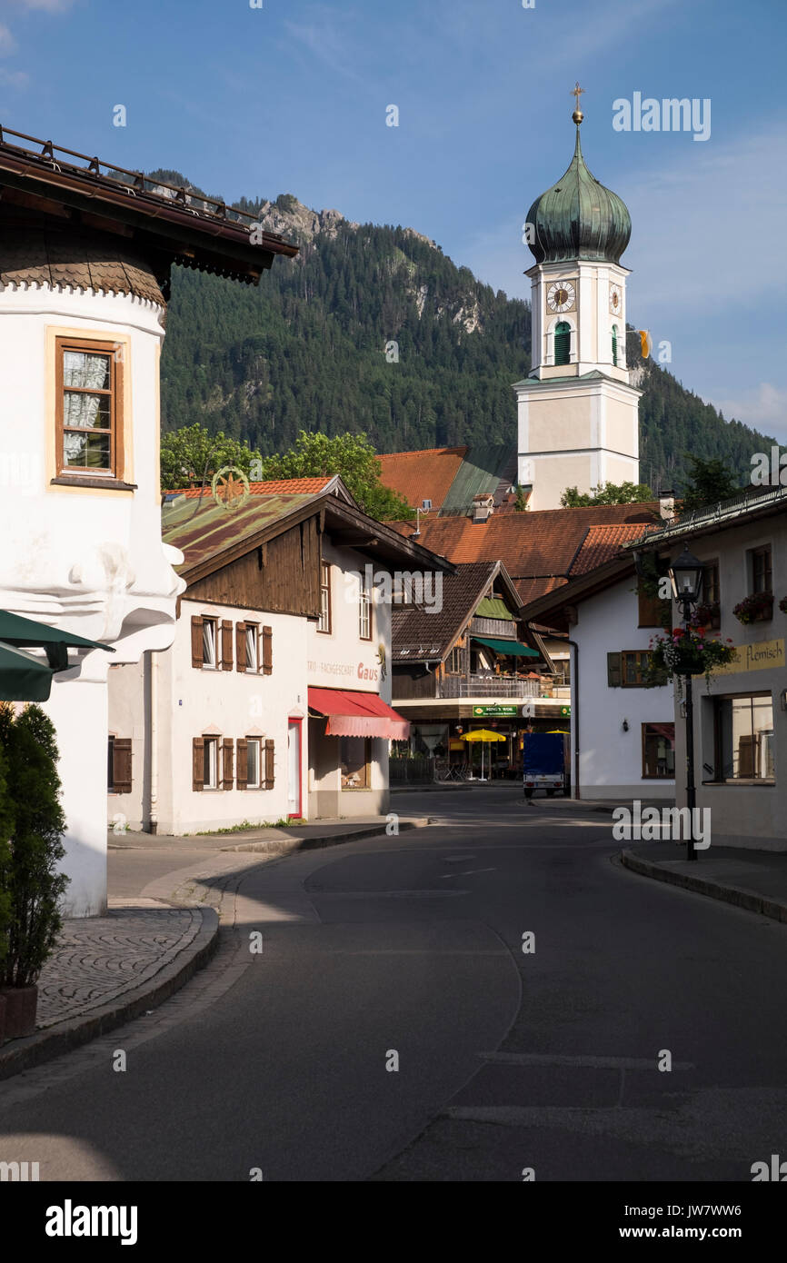 Onion dome of the church Saint Peter and Paul in Oberammergau, Garmisch Partenkirchen, Bavaria, Germany Stock Photo