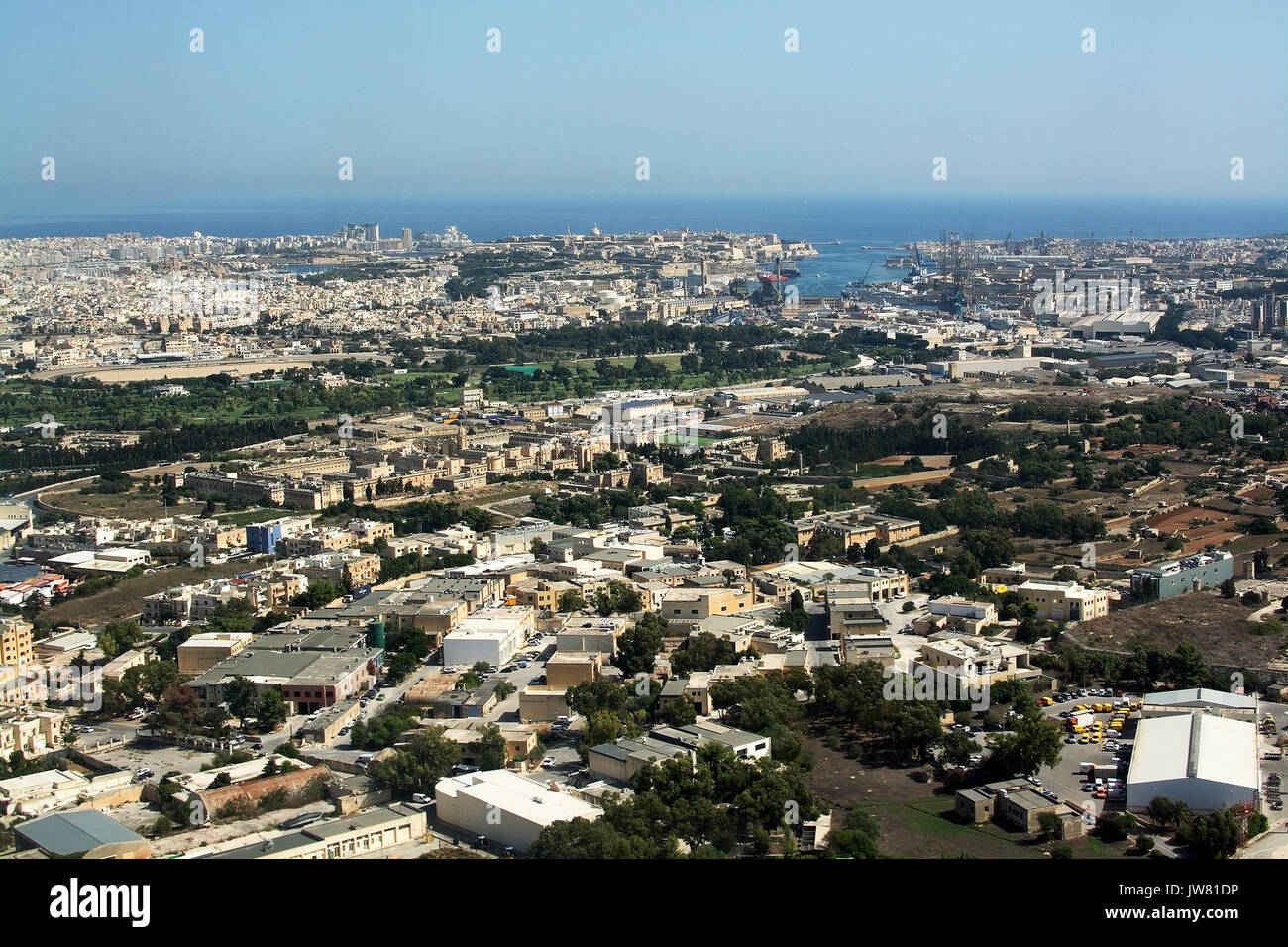 MALTA, EUROPE - SEPTEMBER 17, 2015: Takeoff with view east over Valletta and St Julian's area on September 17, 2015 in Malta, Europe. Stock Photo