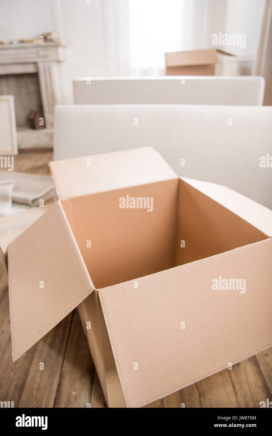 Close-up view of empty open cardboard box ready for packing, relocation concept Stock Photo