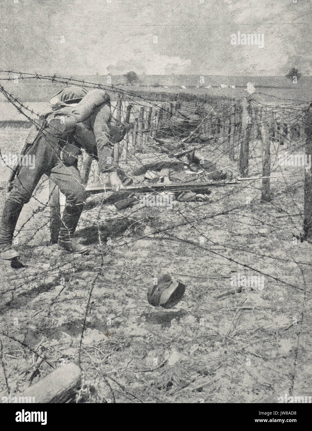 Soldier impaled on barbed wire, WW1 Stock Photo