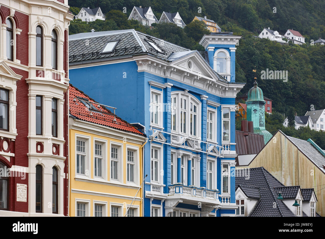 Traditional norwegian colored classic houses facades in Bergen. Norway. Horizontal Stock Photo