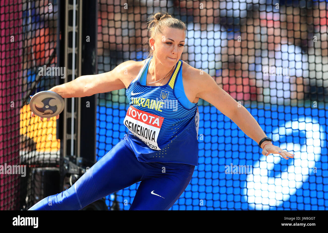 Ukraine's Natalia Semenova competes in the Women's Discus Throw